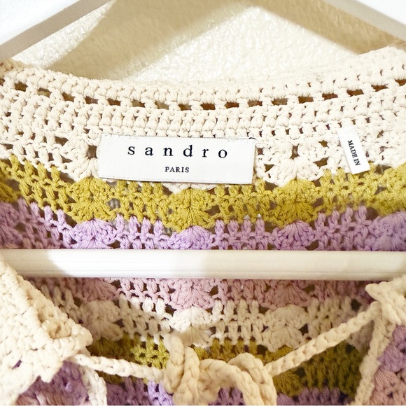 SANDRO Multicoloured Crochet Wavy Lined Collared Keyhole Ruffle Polo Dress US 8 - Picture 10 of 10